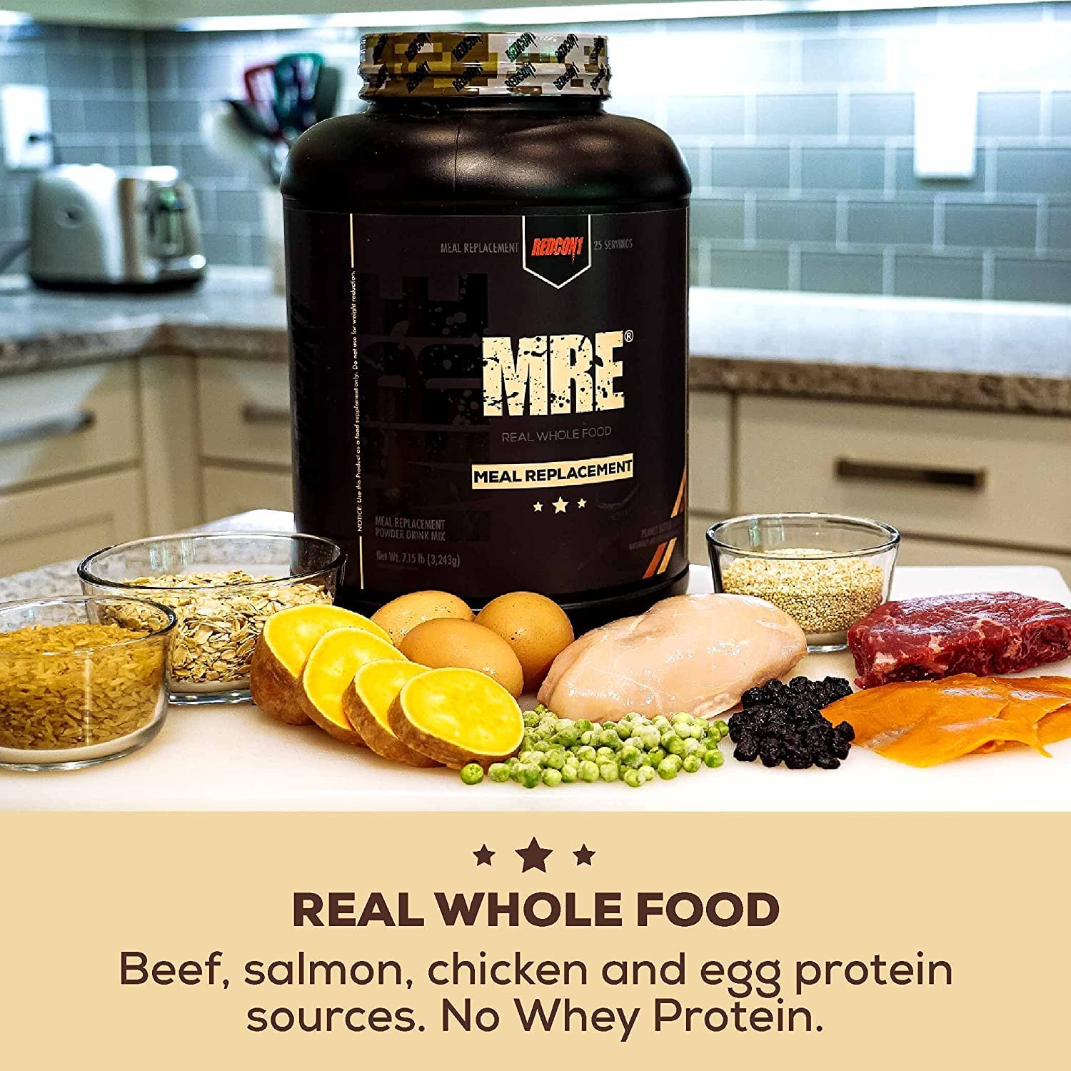 REDCON1 MRE protein nutrition panel showing 47g protein per serving and keto-friendly ingredients