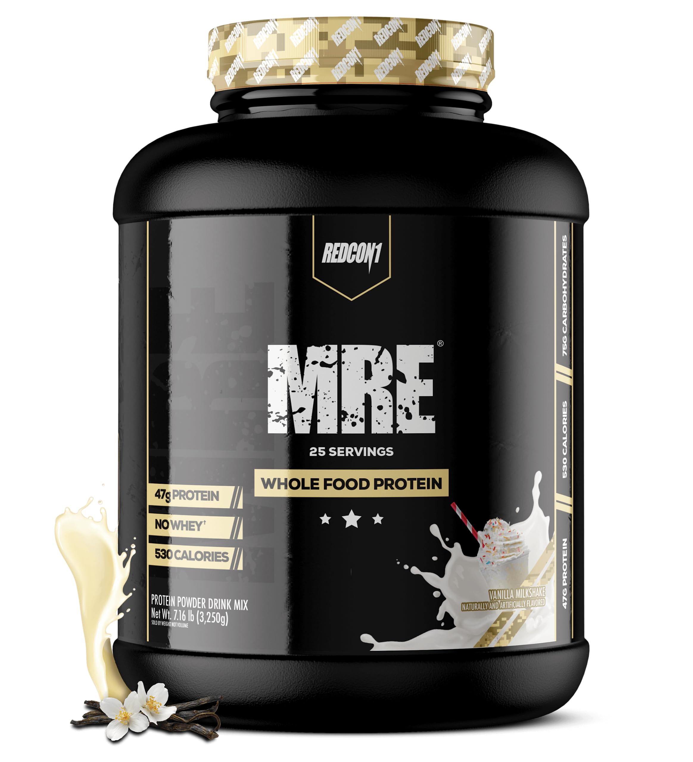 REDCON1 MRE vanilla milkshake bottle demonstrates a protein-packed meal replacement