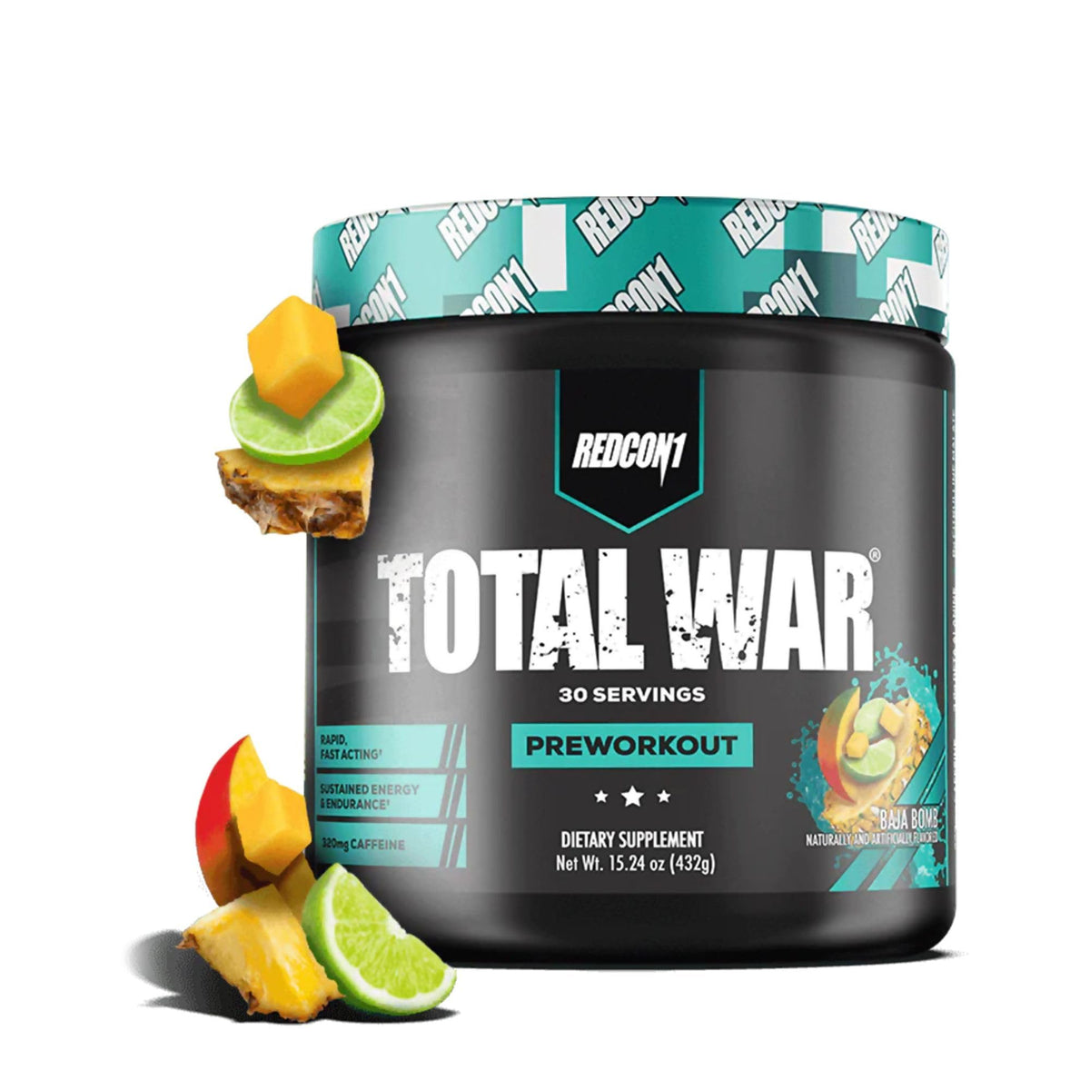 RedCon1 Total War Baja Bomb tub front showing a ready-to-use pre-workout for energy and focus.