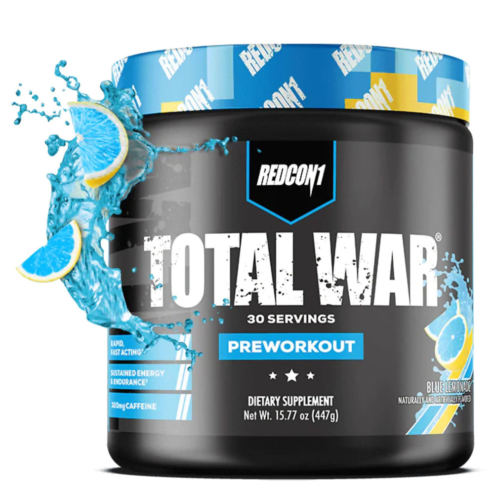 REDCON1 Total War blue lemonade bottle with fast-acting caffeine for energized workouts.