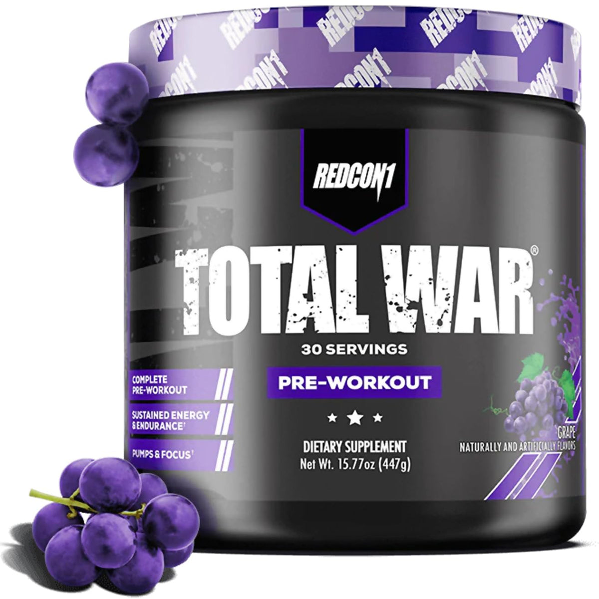 REDCON1 Total War Grape bottle close-up highlighting fast-acting energy for workouts