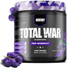 REDCON1 Total War Grape bottle close-up highlighting fast-acting energy for workouts