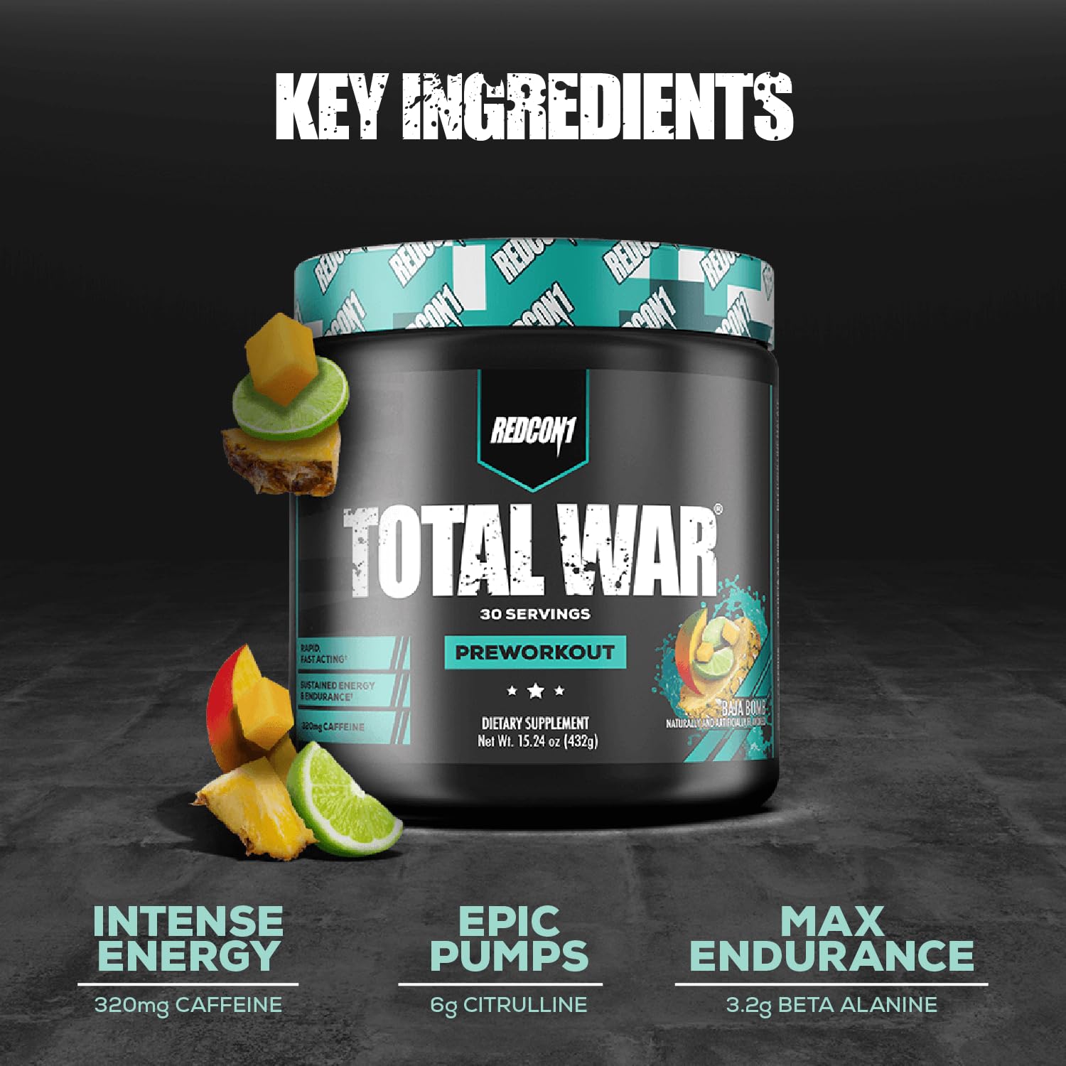 Close-up of RedCon1 Total War Baja Bomb label highlighting caffeine blend and nutrients.