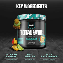 Close-up of RedCon1 Total War Baja Bomb label highlighting caffeine blend and nutrients.