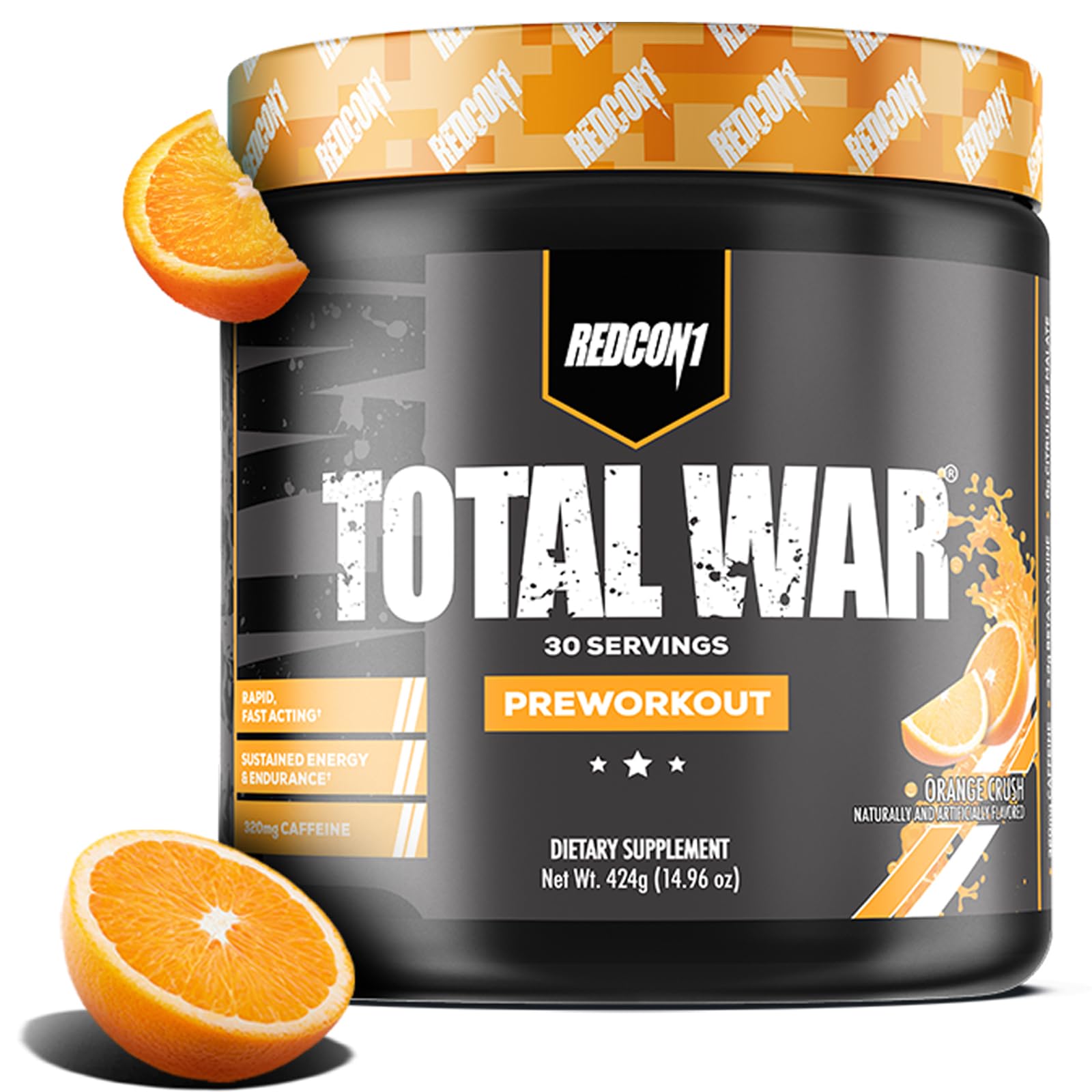 REDCON1 Total War Orange Crush bottle with bold flavor label for energized sessions.