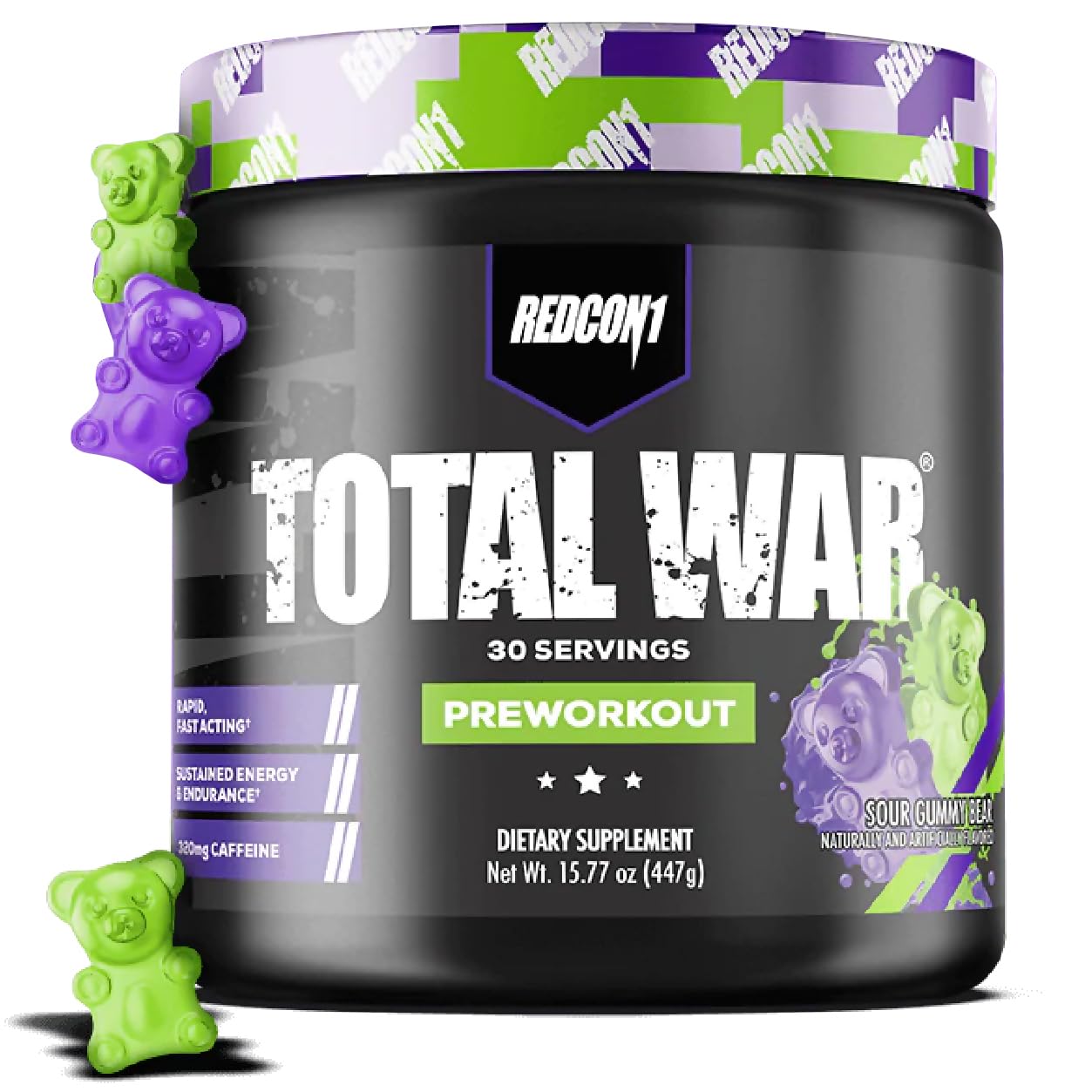 REDCON1 Total War bottle with Sour Gummy Bear flavor for an energized workout session.