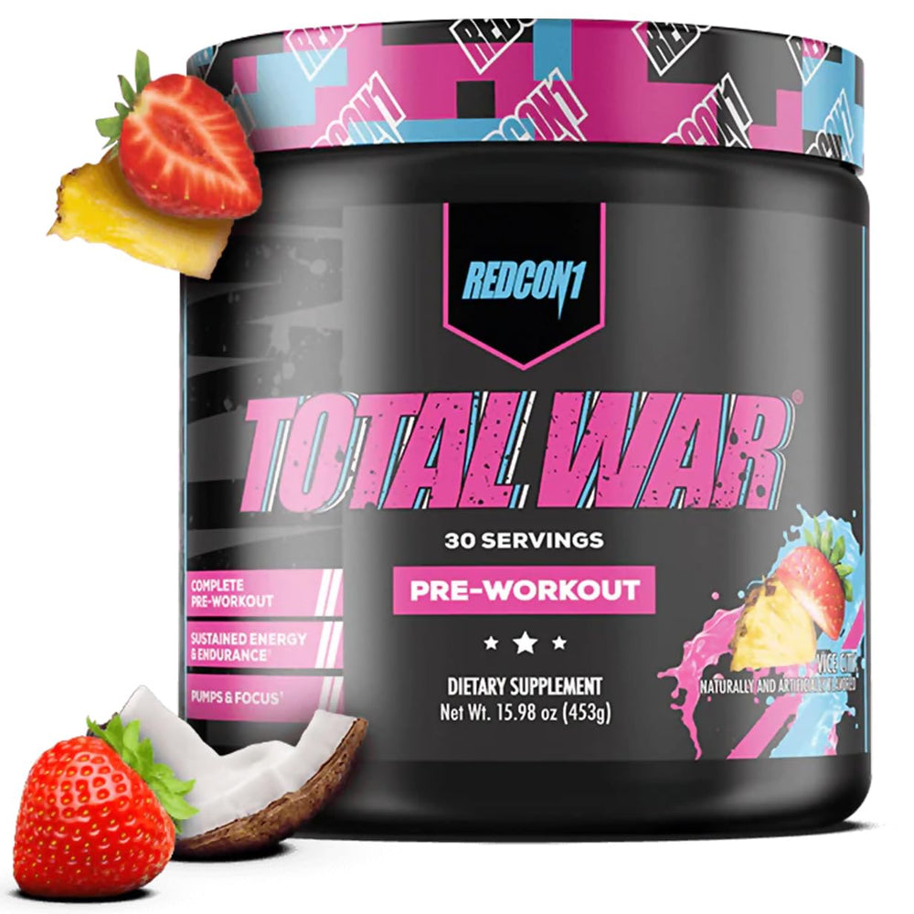 REDCON1 Total War tub front label highlighting energy-boosting pre workout