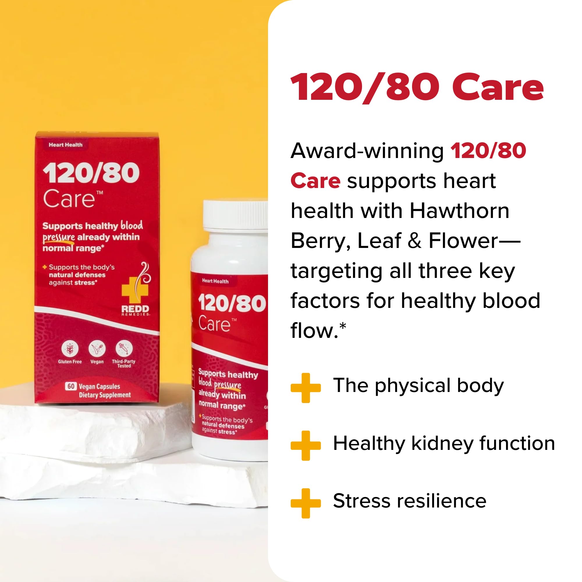 Redd Remedies 120/80 Care ingredient blend emphasizes hawthorn and adaptogens