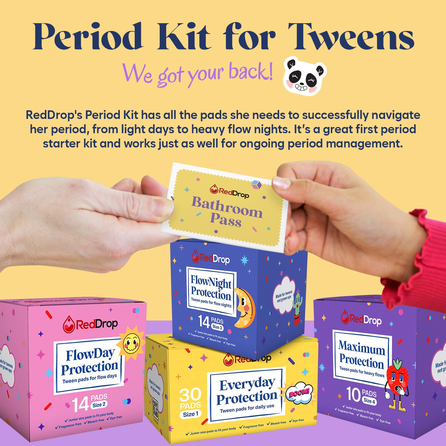RedDrop FlowDay pads close-up, light daily protection for tweens.