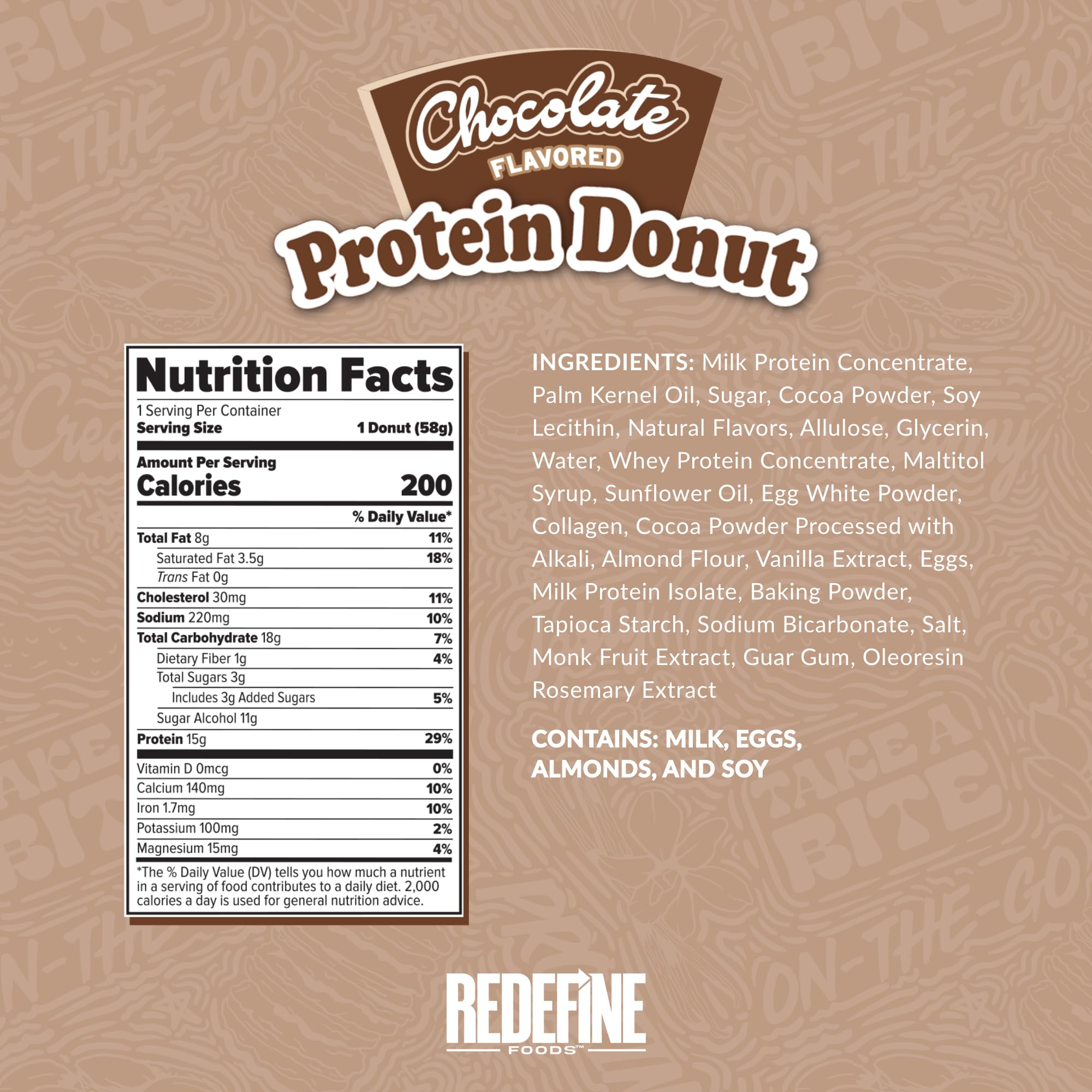 REDEFINE Protein Donut packaging close-up highlighting no artificial ingredients
