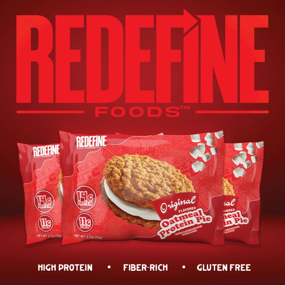 REDEFINE Oatmeal Protein Pie Original packaging displayed on kitchen shelf.