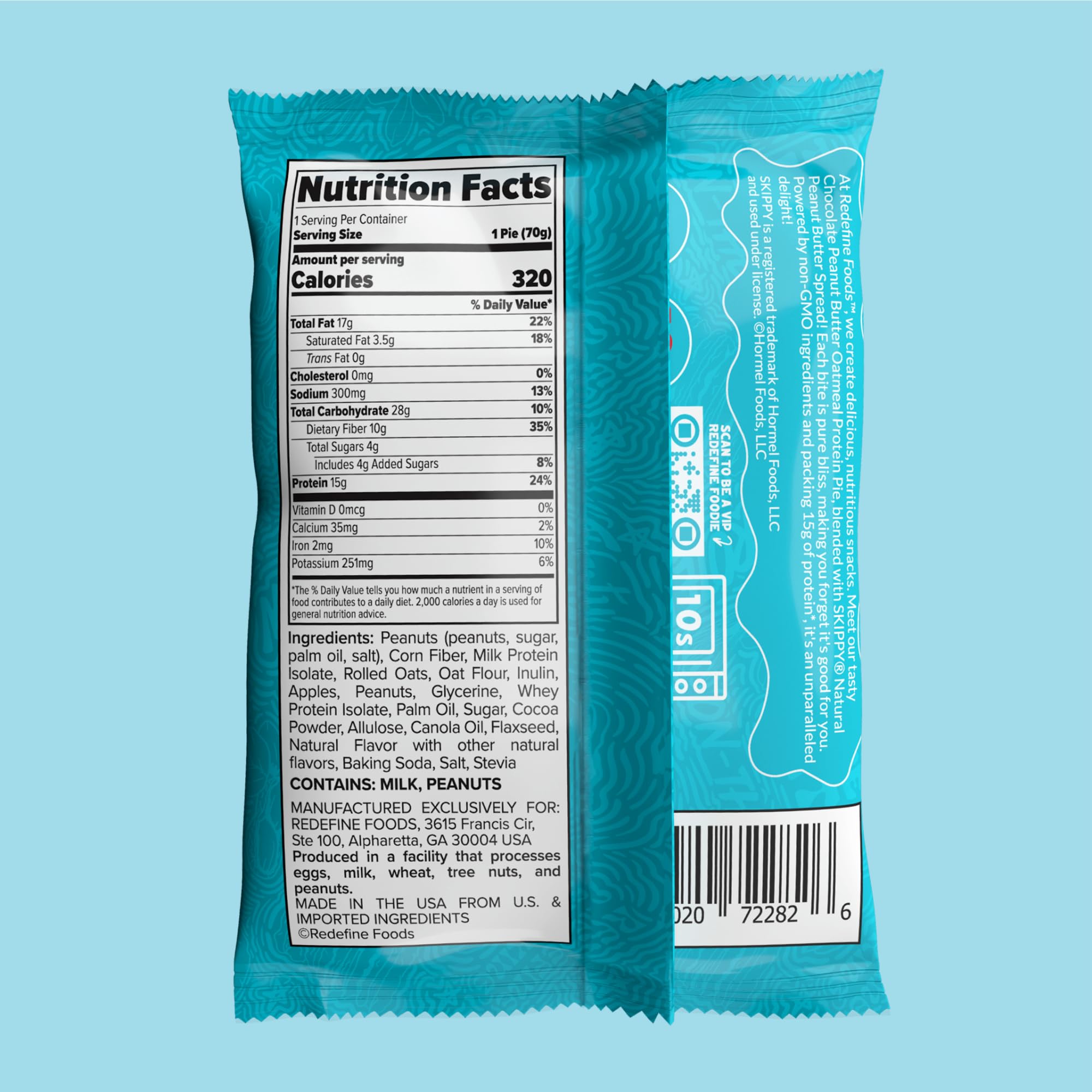 REDEFINE Oatmeal Protein Pie with SKIPPY Chocolate bar – convenient snack for school, work, or workouts.