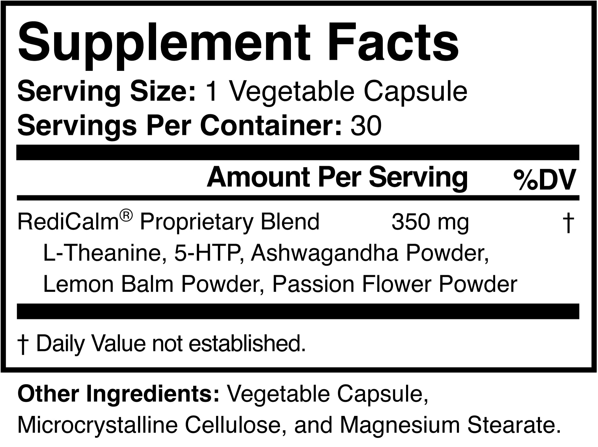 RediCalm label detail emphasizes vegan and non-GMO attributes for clean sourcing.