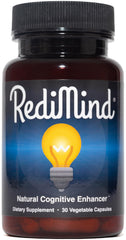 RediMind bottle closeup showing a clean, vegan, non-GMO formula for daily focus