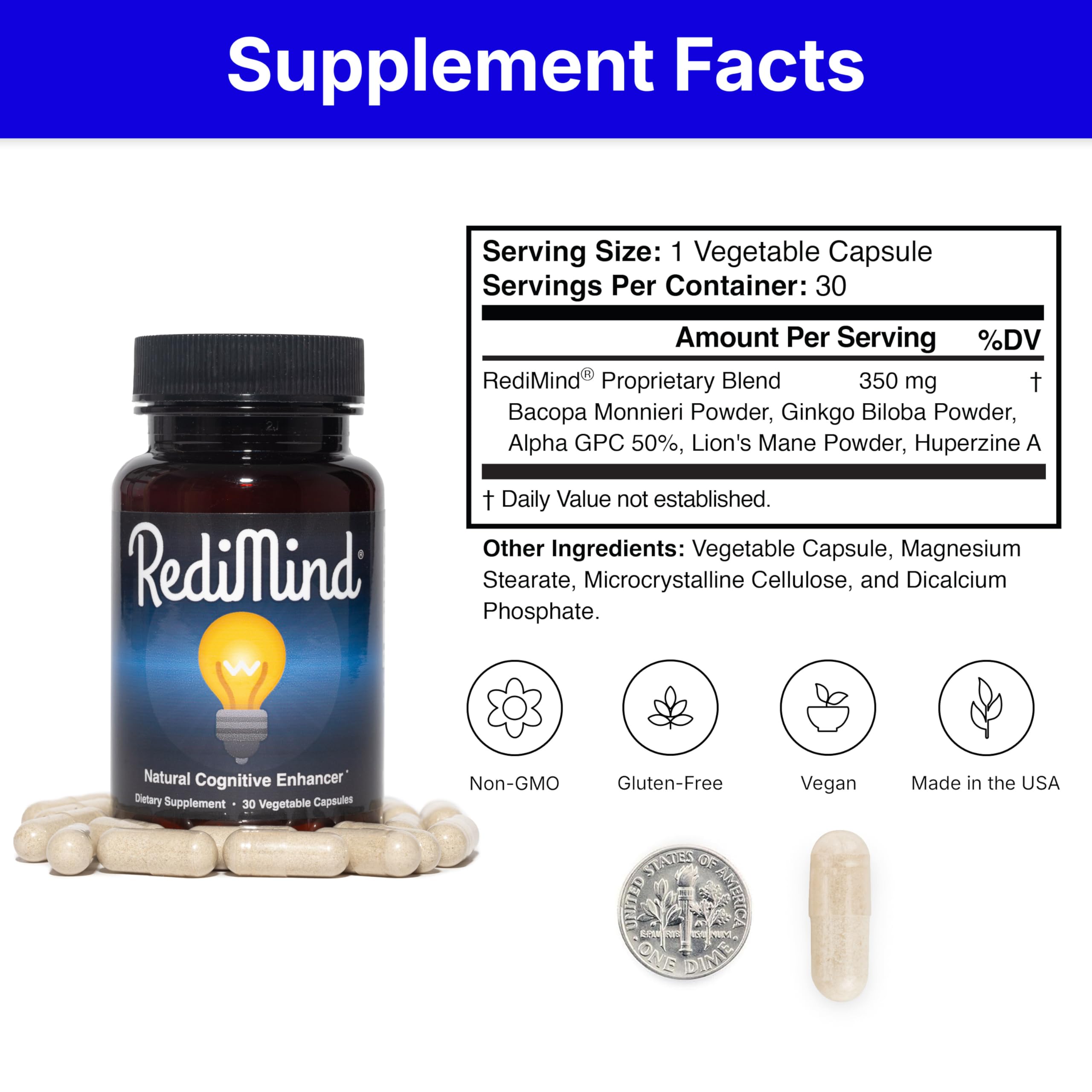 RediMind vegan non-GMO label on bottle reinforces ethical formulation