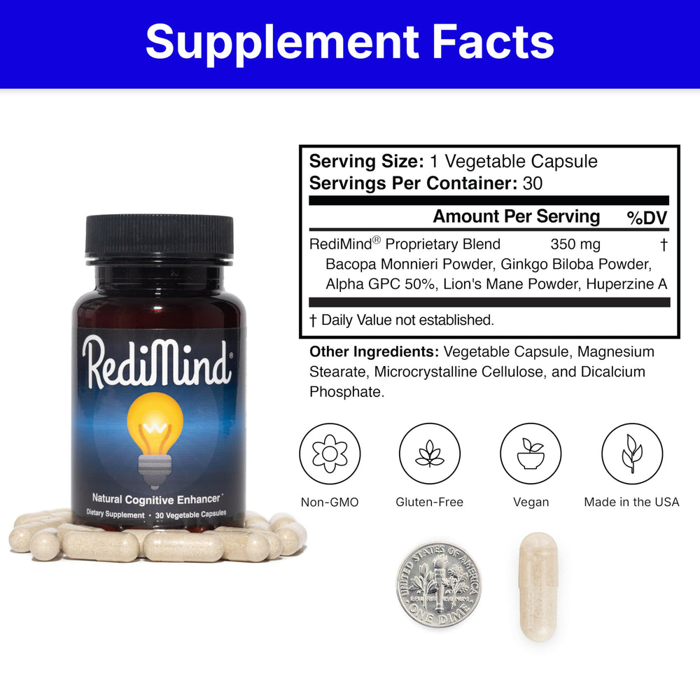 RediMind vegan non-GMO label on bottle reinforces ethical formulation