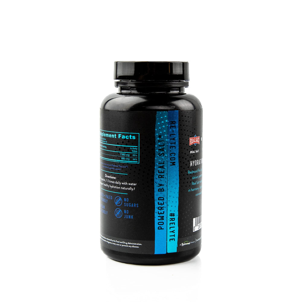 Label close-up on Redmond Re-Lyte hydration capsules highlighting ingredients.