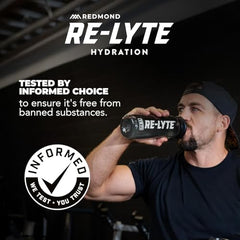 REDMOND Re-Lyte Lemon Lime ingredients panel showing natural flavors and stevia sweetener.