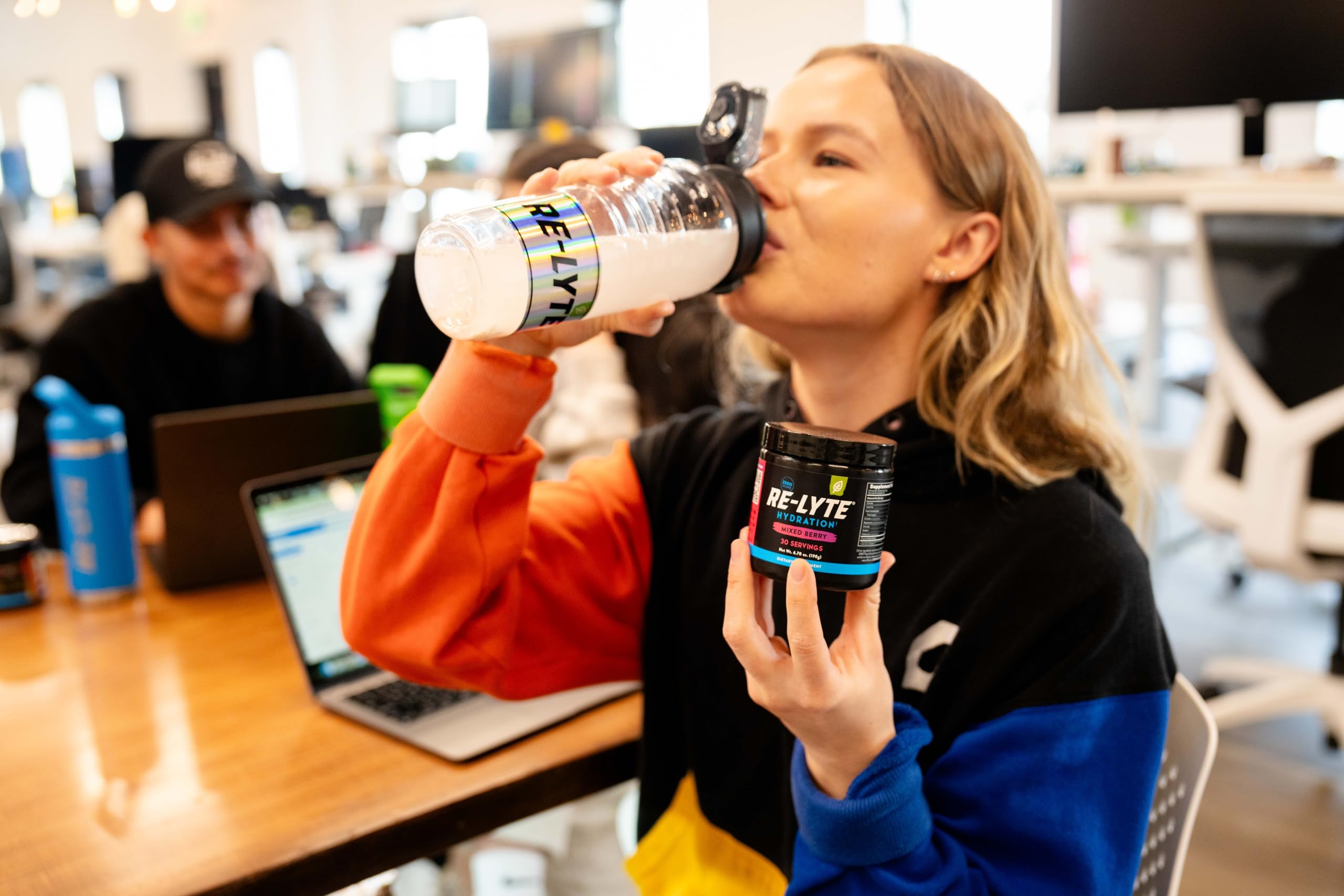 Redmond Re-Lyte jar on kitchen counter – easy daily hydration option during workouts or travel.