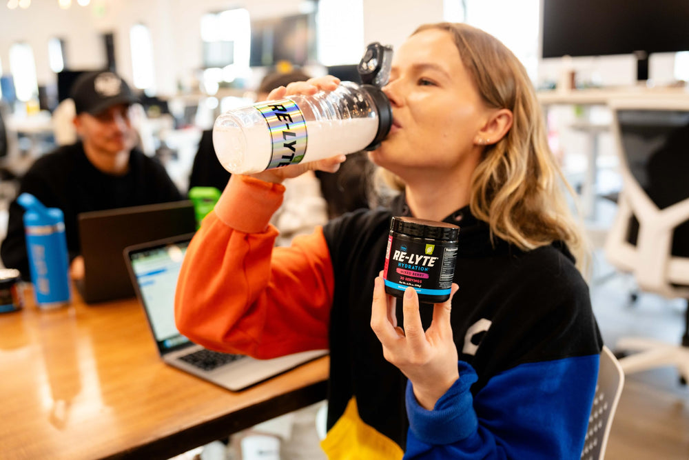 Redmond Re-Lyte jar on kitchen counter – easy daily hydration option during workouts or travel.