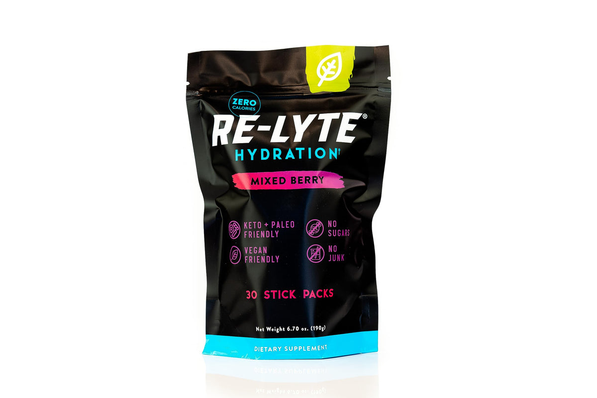 Redmond Re-Lyte Mixed Berry stick pack on shelf, ready for hydration on the go.