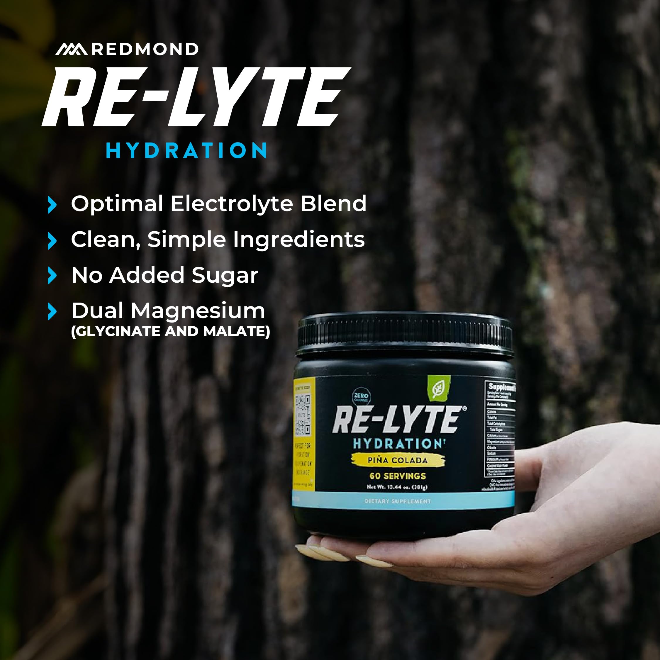 Redmond Re-Lyte Pina Colada powder on kitchen counter highlights a sugar-free option.