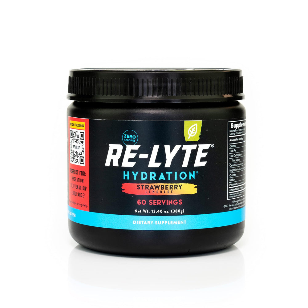 Redmond Re-Lyte powder in a Strawberry Lemonade tub for easy hydration.