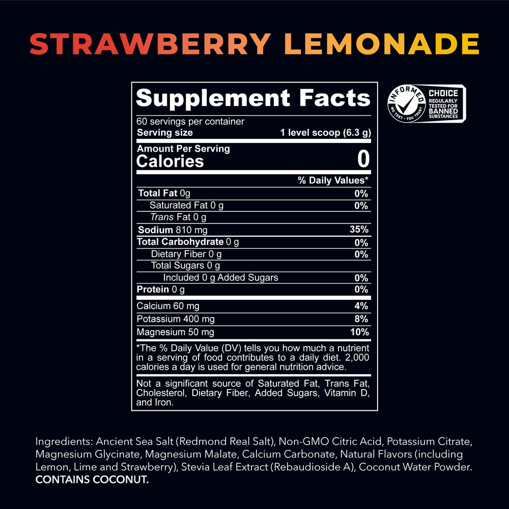Real Salt mineral crystals highlight natural electrolyte blend for hydration.
