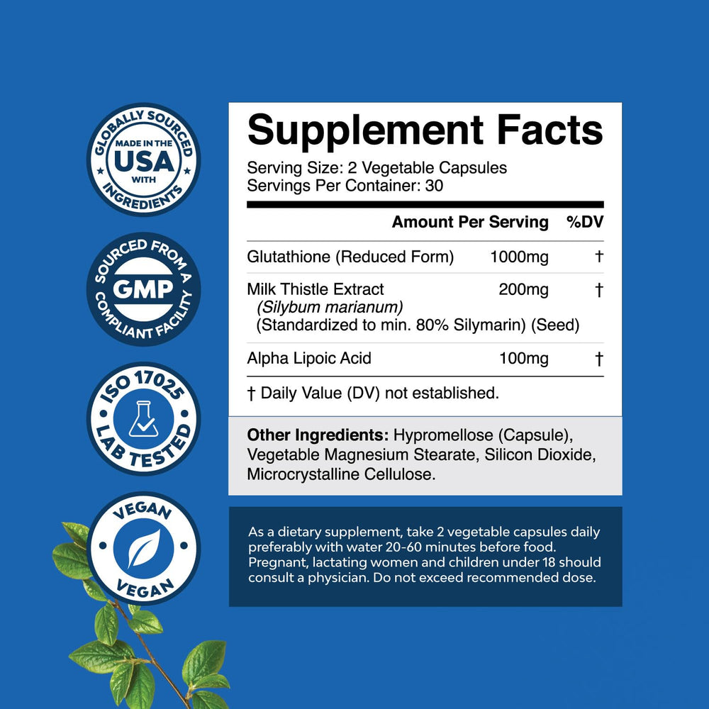 Reduced Glutathione with Milk Thistle capsules for daily antioxidant support