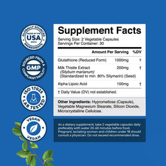 Reduced Glutathione with Milk Thistle capsules for daily antioxidant support