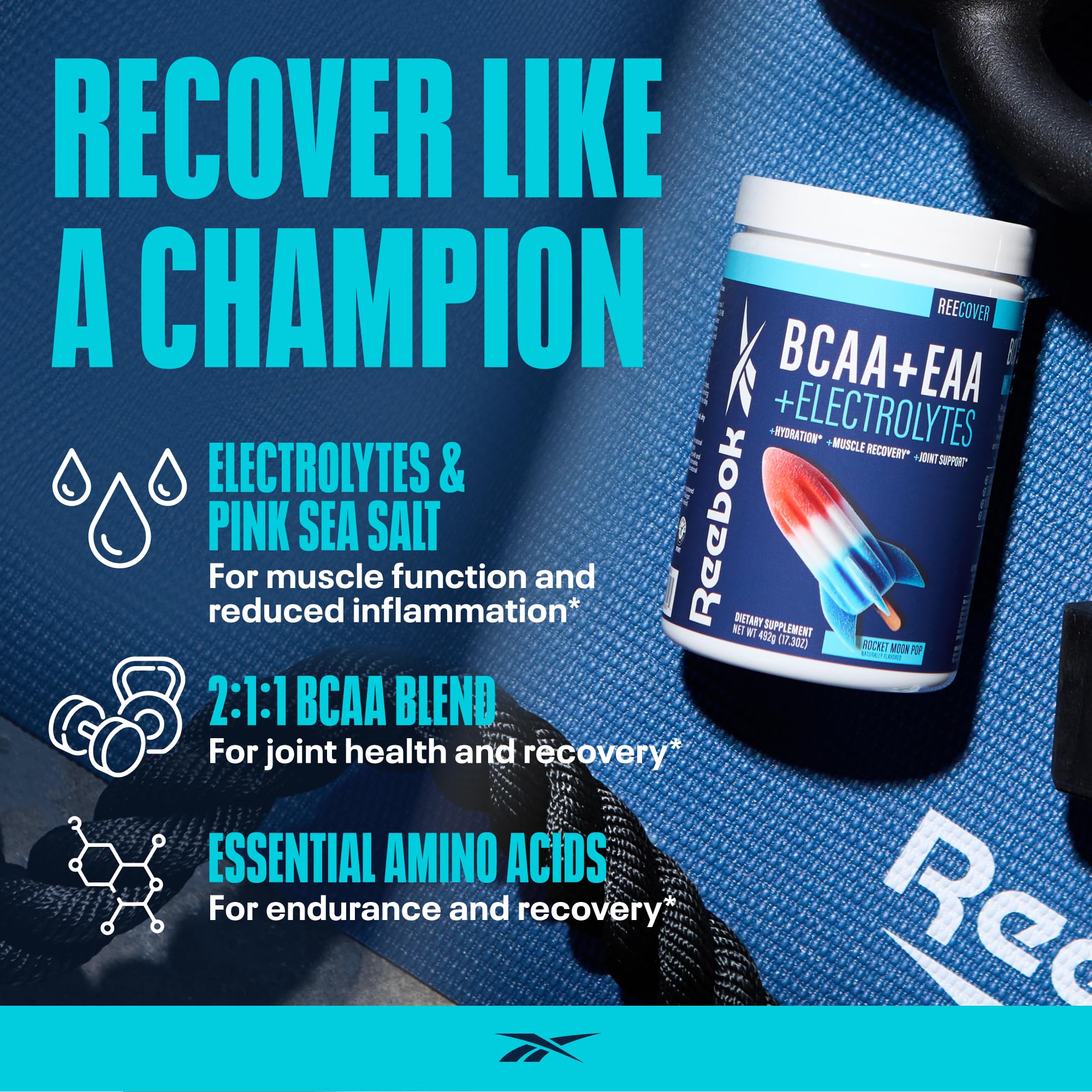Reebok REECover mixed Rocket Moon Pop in a glass for hydration.