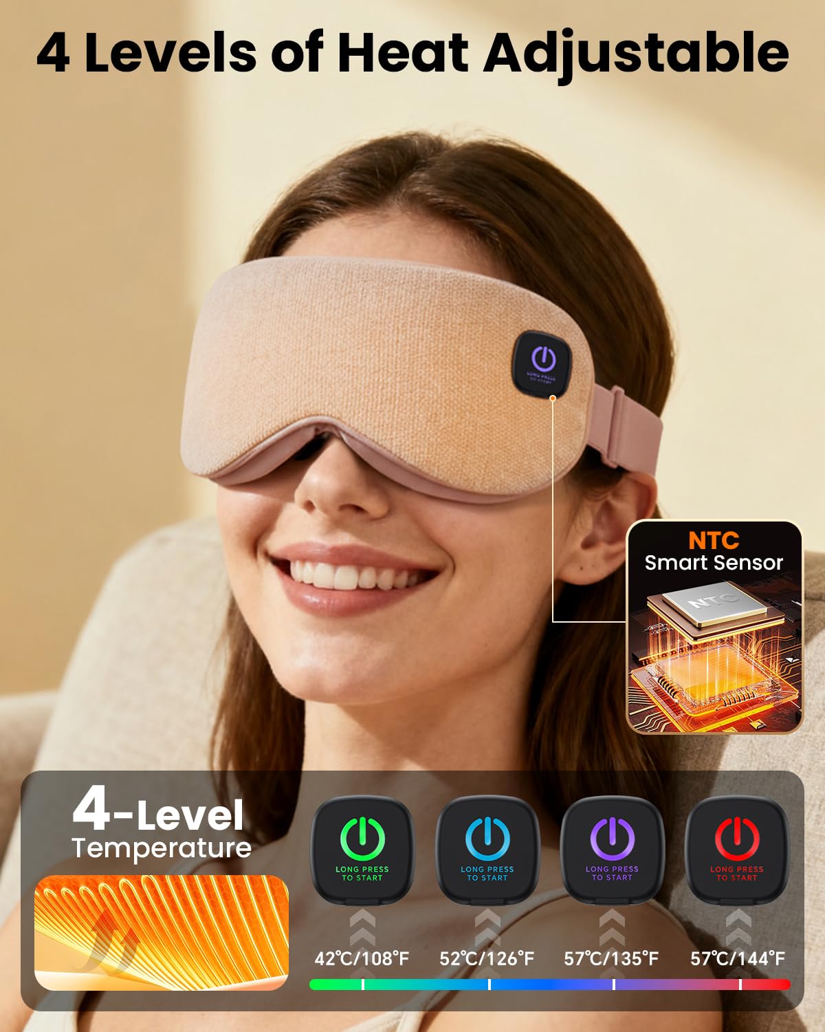 REFDAQ heated eye mask with four temperature settings for customizable comfort