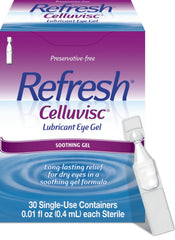Refresh Celluvisc eye gel bottle close-up showing soothing hydration