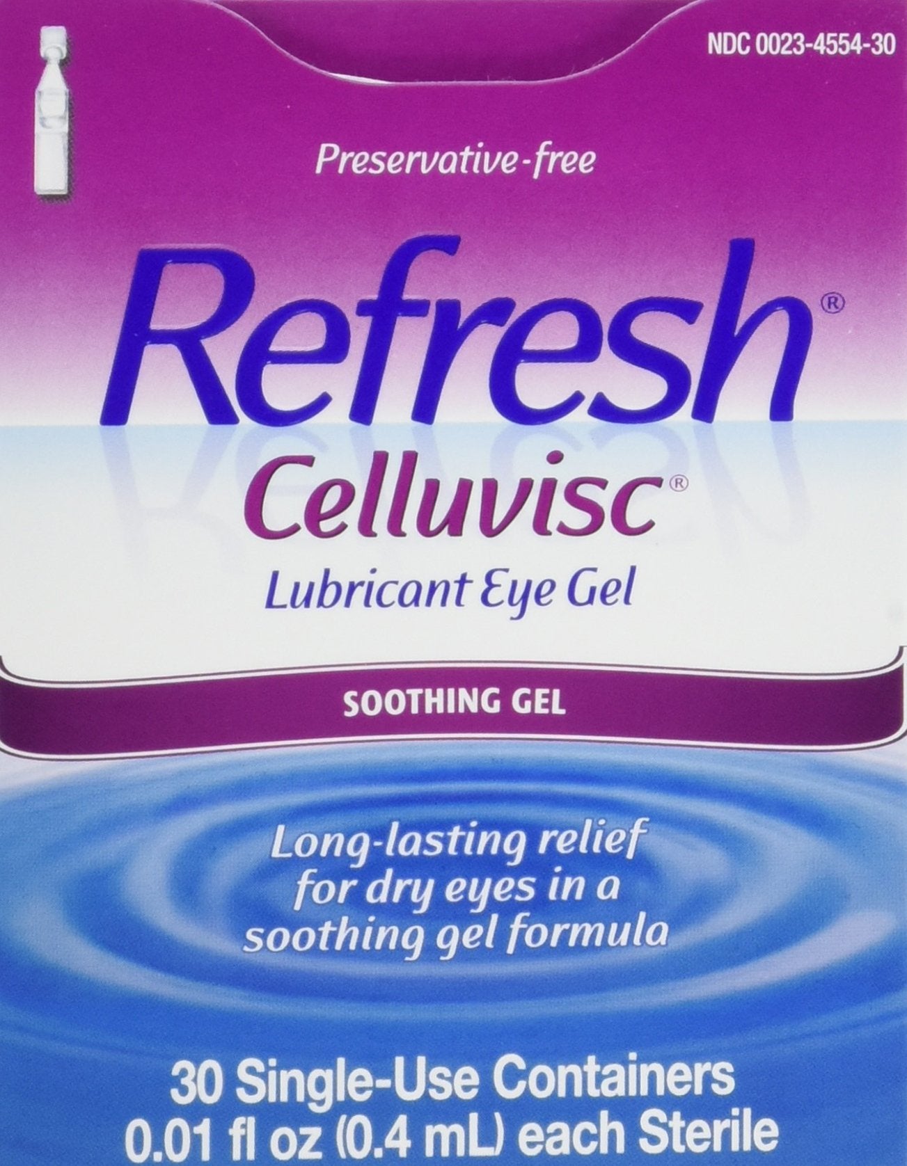 Refresh Celluvisc eye gel bottle pour for gentle hydration on demand.
