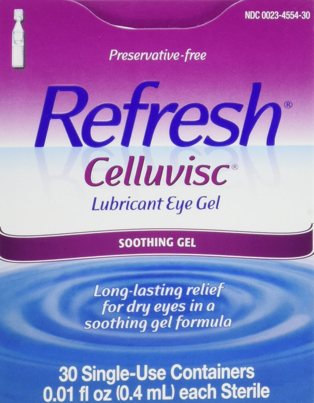Refresh Celluvisc eye gel bottle pour for gentle hydration on demand.