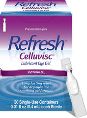 Refresh Celluvisc eye gel single-use vial pack for preservative-free moisture.