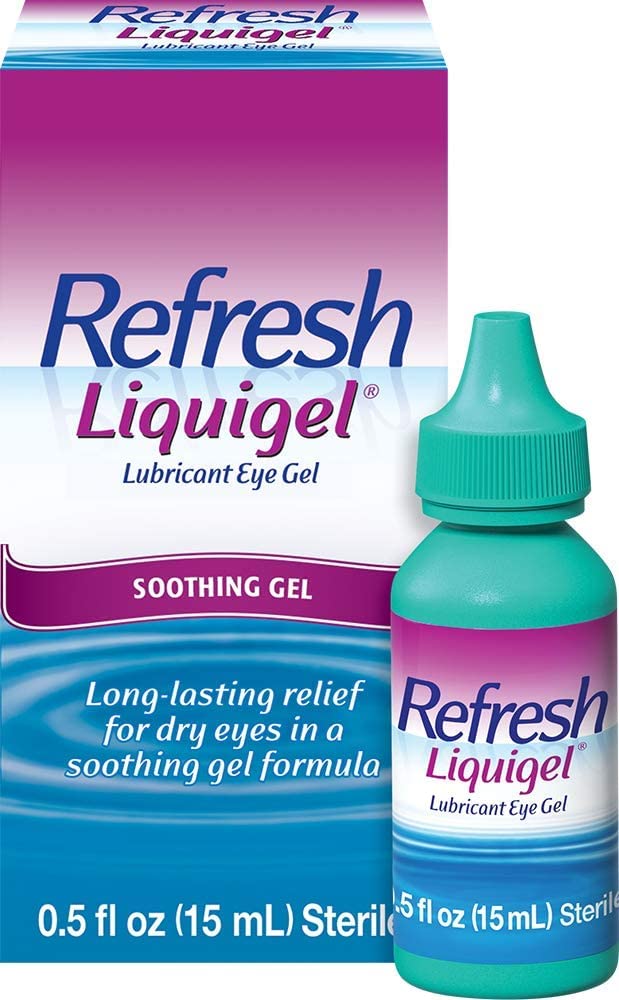 Refresh Liquigel bottle closeup highlighting the gel formula for soothing eye comfort.