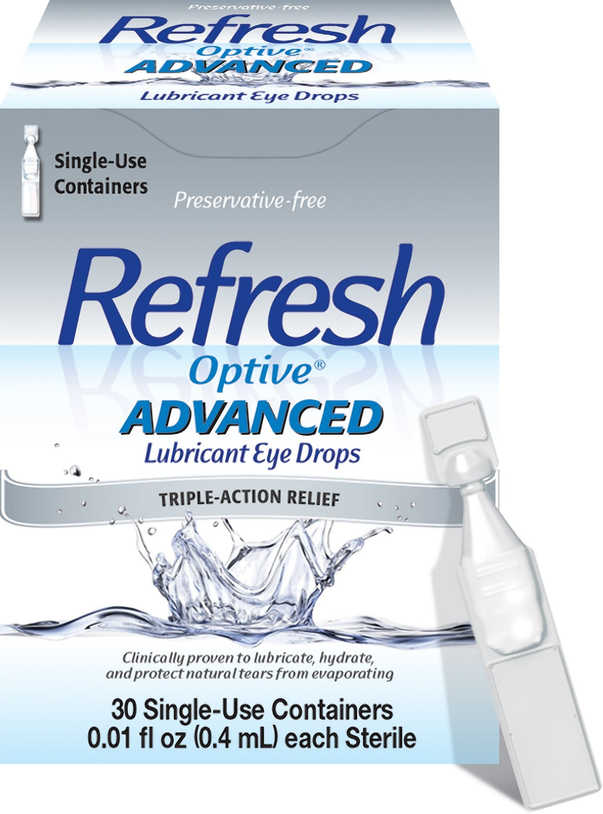 Refresh Optive Advanced bottle close-up showing preservative-free comfort