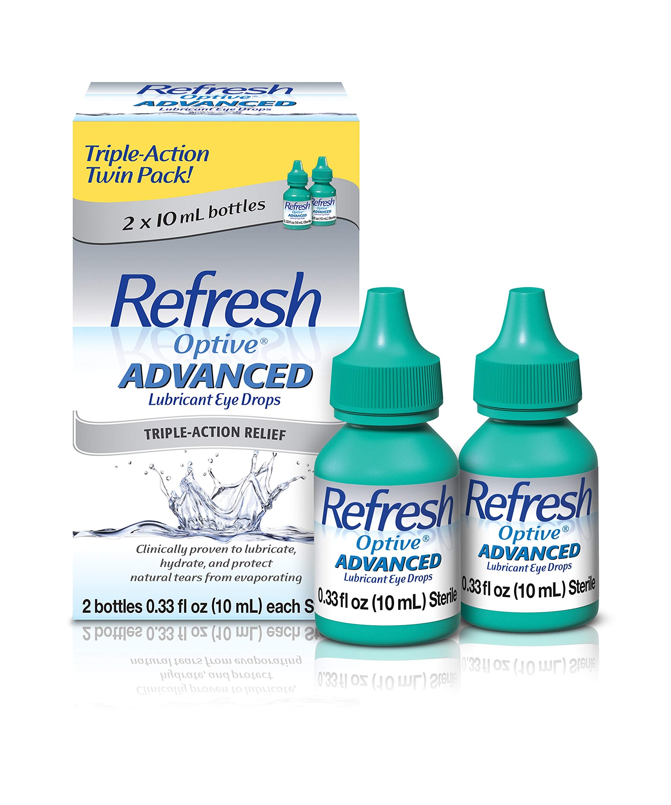 Refresh Optive Advanced eye drops bottle side view showing compact 0.33 oz container for on-the-go relief.