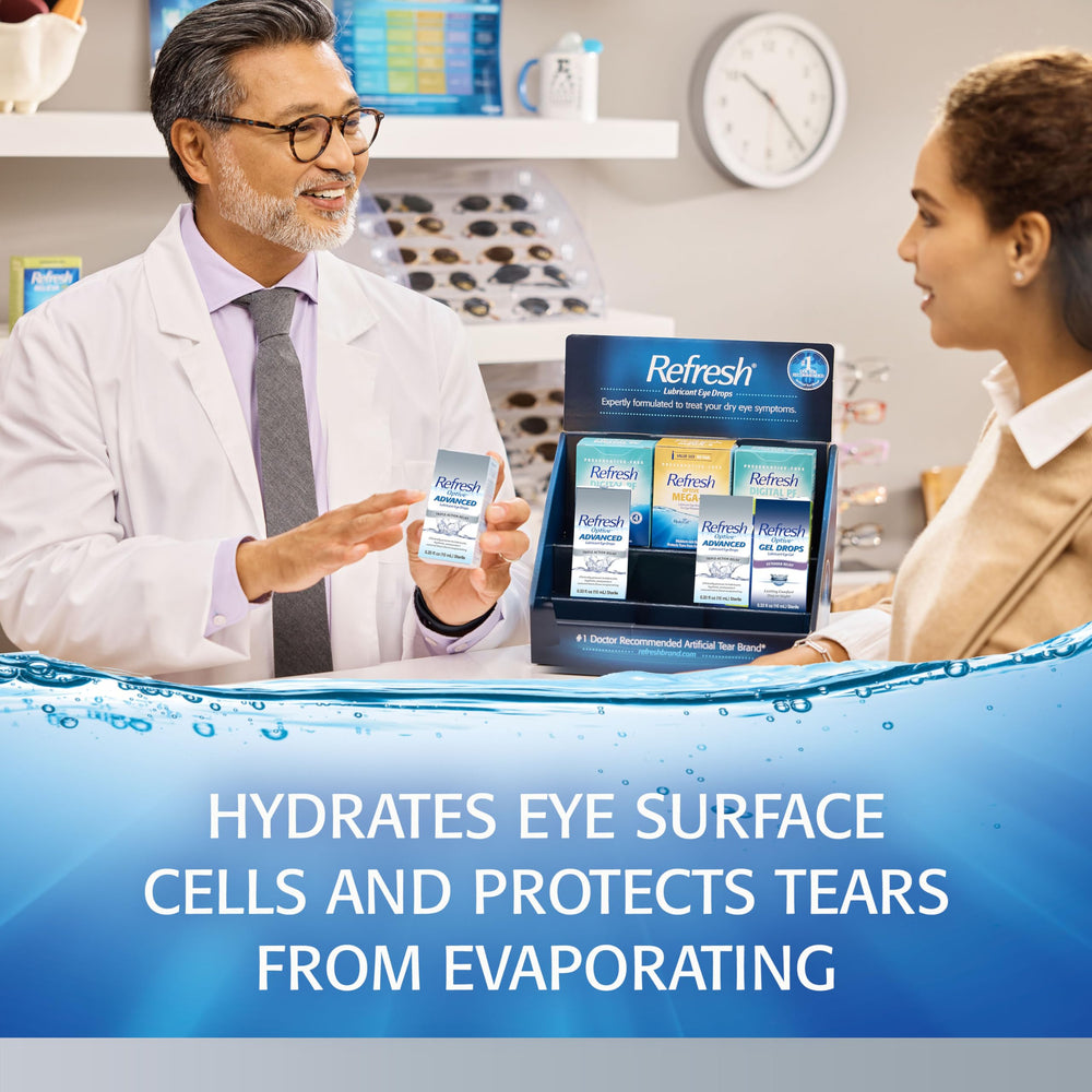 Refresh Optive Advanced eye drops closeup reveals the smooth viscosity and soothing texture.