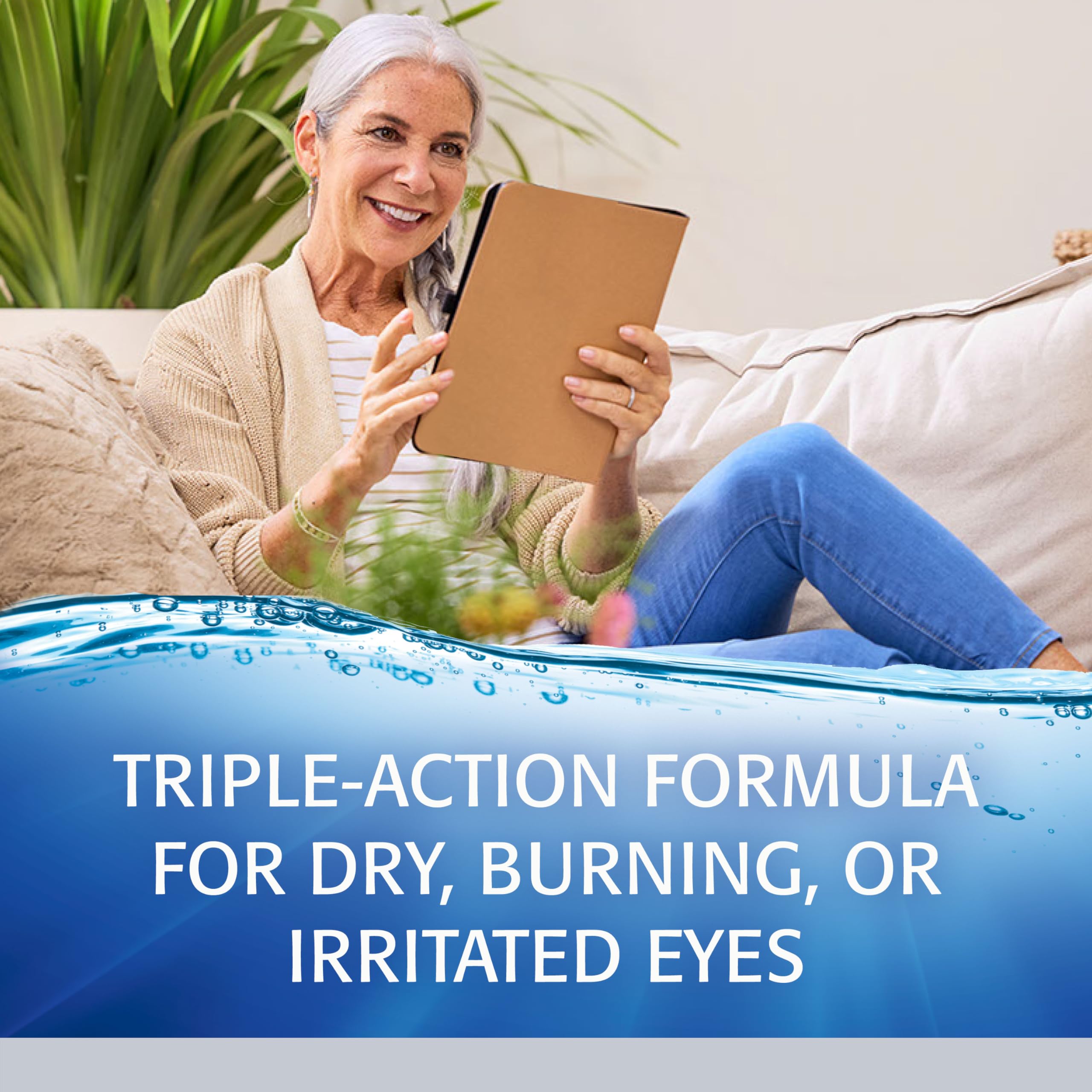 Refresh Optive Advanced hydrocell technology illustration emphasizes hydration on the eye surface.
