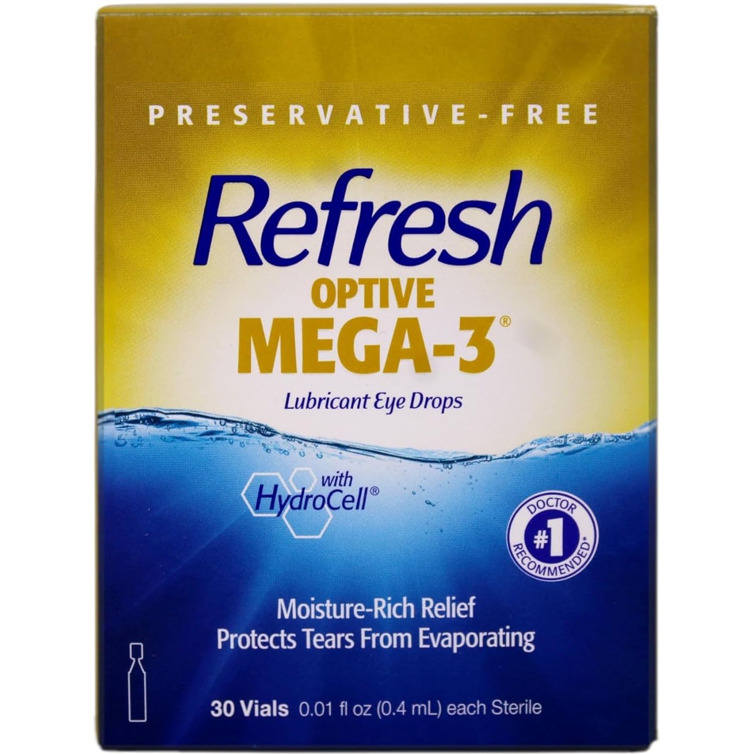 Refresh Optive Mega-3 bottle close-up highlighting lipid-enhanced hydration for dry eyes.