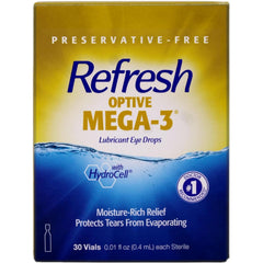 Refresh Optive Mega-3 bottle close-up highlighting lipid-enhanced hydration for dry eyes.