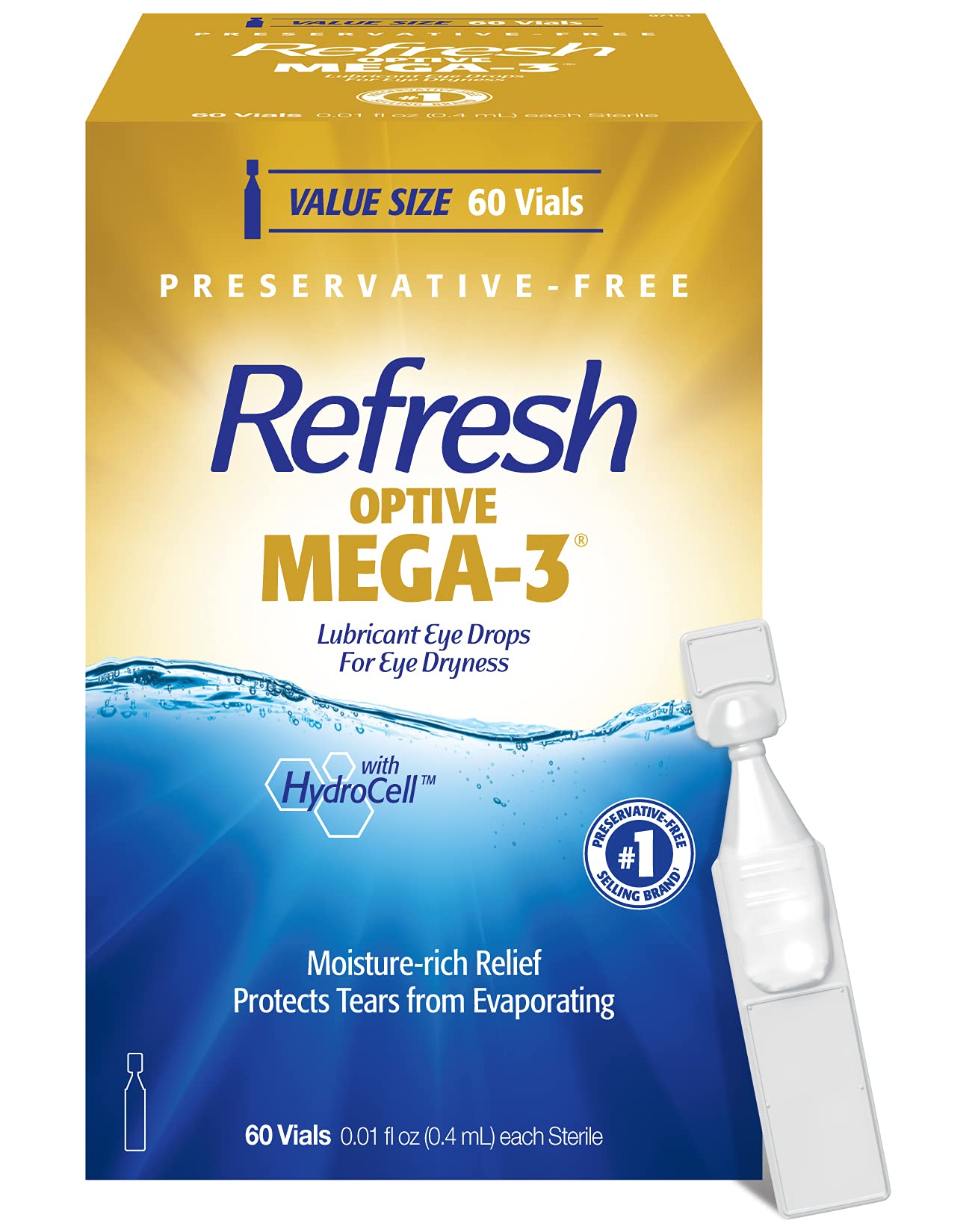Refresh Optive Mega-3 eye drops bottle delivers fast moisture relief.