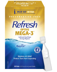Refresh Optive Mega-3 eye drops bottle delivers fast moisture relief.
