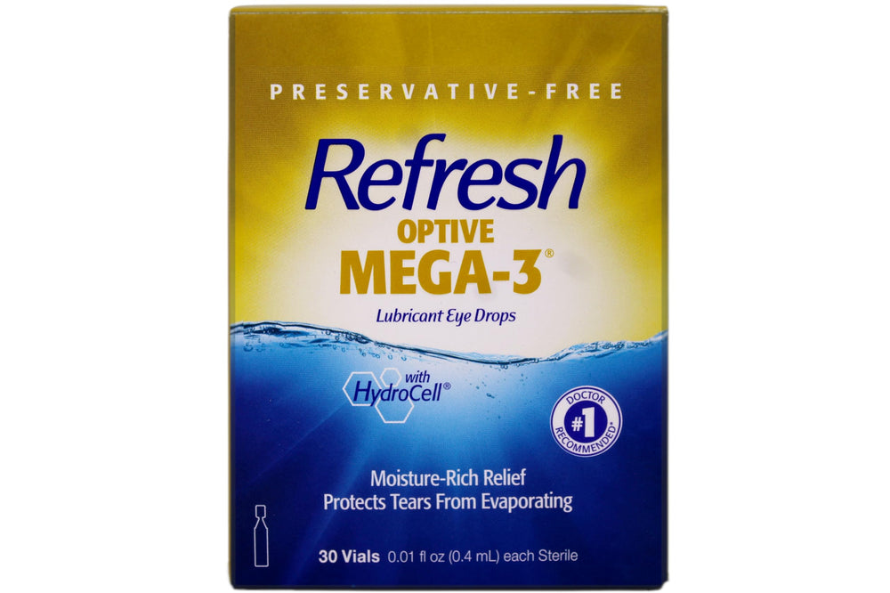 Refresh Optive Mega-3 long-lasting hydration concept illustrating eight hours of relief