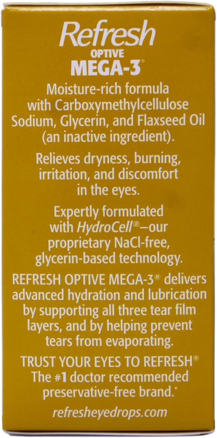 Refresh Optive Mega-3 packaging box communicates daily eye care in a portable format.