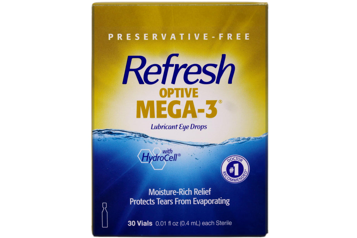 Refresh Optive Mega 3 eye drops front view; preservative-free daily use.