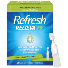 Refresh Relieva PF eye drops bottle offering preservative-free moisture relief.