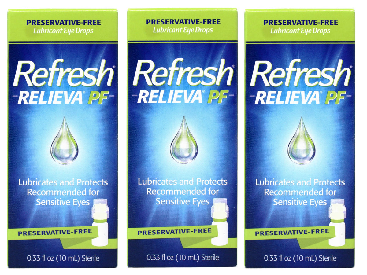 Refresh RELIEVA preservative-free eye drops bottle for gentle hydration.